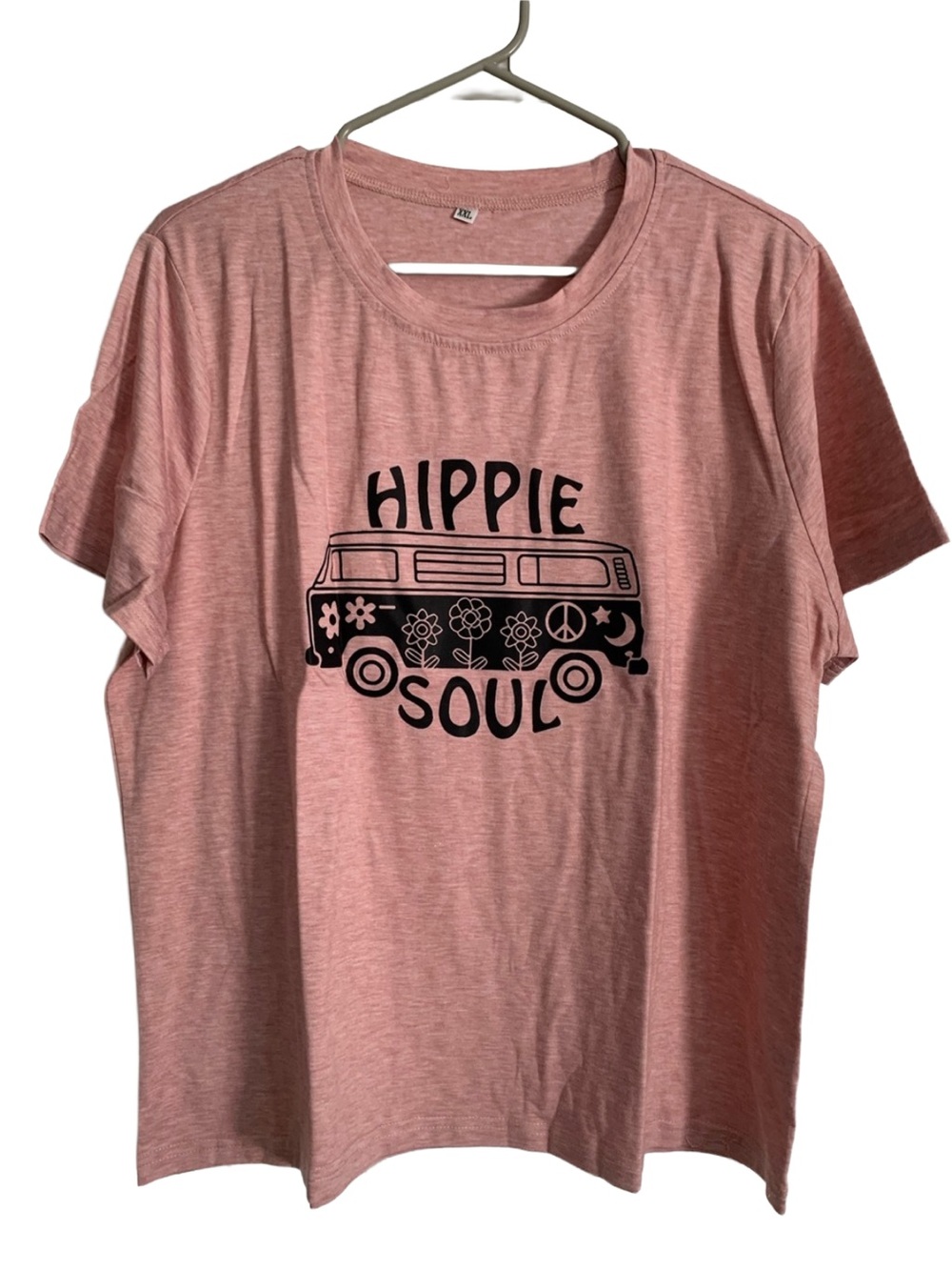 Women’s Heather Pale Pink “Hippie Soul” Flower VW Van Short Sleeve Tee Shirt